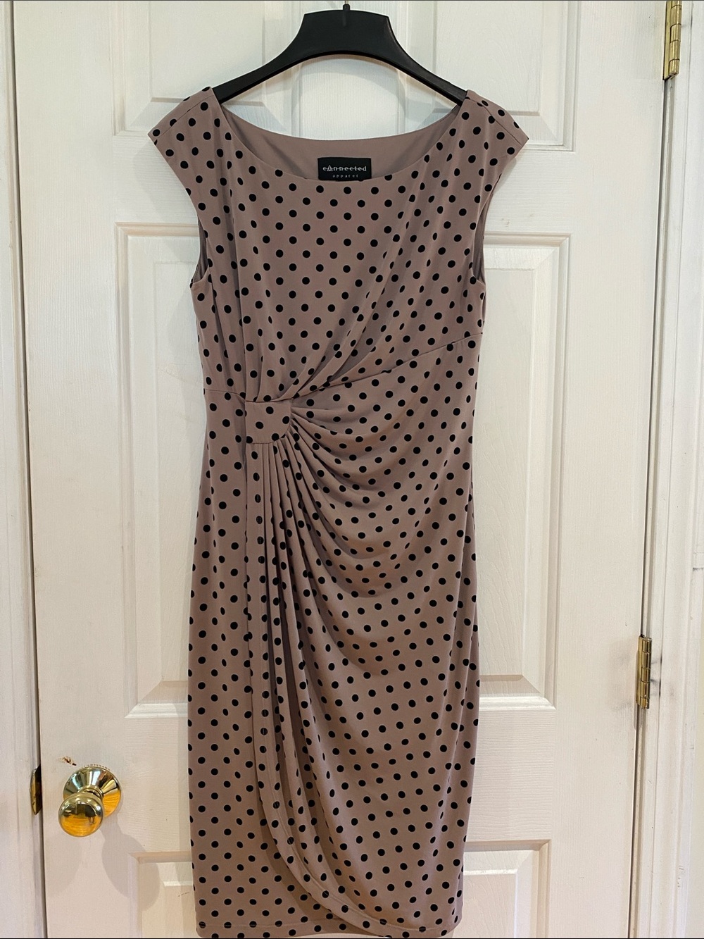 connected apparel Taupe and Black Polka Dot Ruched Midi Dress